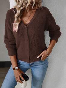 SHEIN LUNE Cardigan court en fausse fourrure marron de couleur unie, style casual pour l'automne et l'hiver