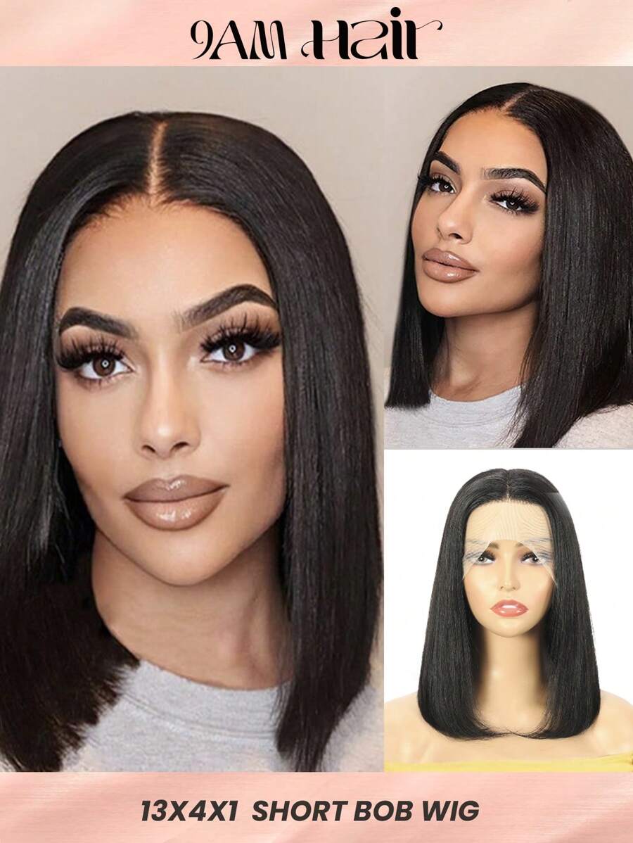 Straight Short Bob 13 X 4 X 1 T-Part Lace Wig Lace Front Natural Black Human Hair Wigs Natural Hairline Silky High Density Hair Replacement Wig For Women