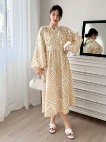 DAZY Bata con mangas de farol con estampado geométrico, vestido de verano ceñido a la cintura para mujer, primavera/verano