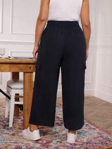 SHEIN LUNE Plus Size Women Linen Solid Color Wide Leg Cargo Pants Summer For Women Spring For Women Black Pants Boho Old Money Cotton - Black - View 2