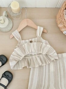 SHEIN LMoss Kids LMoss 女婴可爱条纹背心和短裤套装，夏季假期 - 杏色 - 查看 6