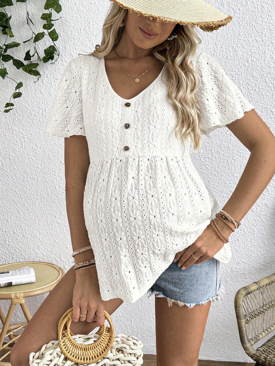 SHEIN V-Neck Button Decor Jacquard Knit Maternity T-Shirt - White - View 1