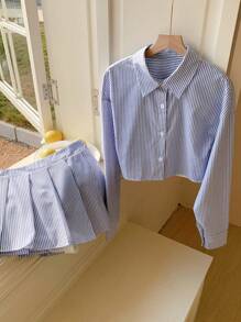 Comfortcana 2pcs Women Set: Front Button Long Sleeve Striped Blouse & Skirt - Blue - View 4