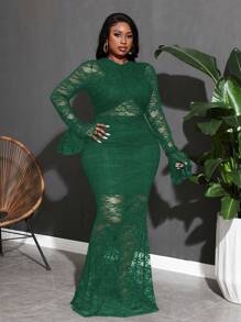 Slaydiva Women Solid Color Lace Elegant See-Through Dress - Green - View 6