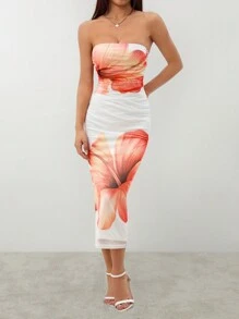 SHEIN PETITE 女士浪漫约会露肩印花紧身连衣裙