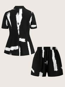 SHEIN LUNE 大码女式春夏水墨印花休闲套装 - 薄夹克和高腰阔腿短裤，办公室服装 - 黑與白 - 查看 2
