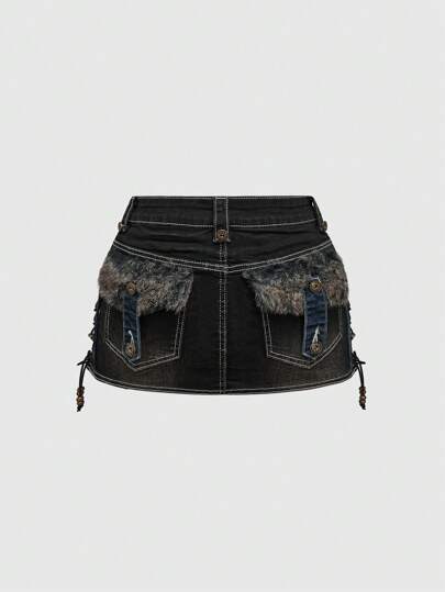 Grunge Punk Y2K Kpop Vintage Millennium Sexy Girl Pocket Patchwork Fuzzy Drawstring Design Fitted Mini Skirt (With Underpants)