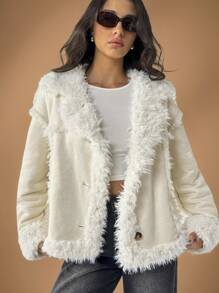 Forever 21 Women Casual Loose Twist Front Fluffy Trim Shoulder Drop Jacket For Autumn - Beige - View 3