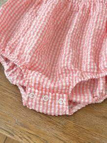 SHEIN LMoss Kids Newborn Baby Girl Cute Plaid Embroidered Ruffle Collar Romper, Summer