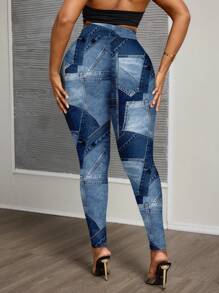 Slaydiva Plus Size Casual Minimalist Full-Print Denim Effect Print Leggings Fall Clothes Winter Clothes