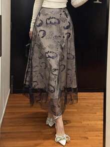 DAZY 女士优雅通勤亮片刺绣网纱半身裙 秋季半身裙 - 黑色 - 查看 3