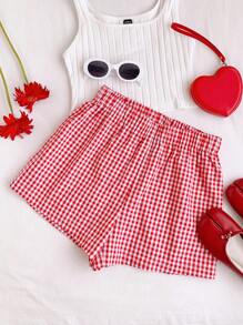 Comfortcana 女士松紧腰格子宽松休闲短裤 - 紅白色 - 查看 2