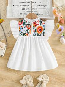 SHEIN Leap Crew Young Girl Ditsy Floral Ruffle Trim Leisure Blouse - White - View 6