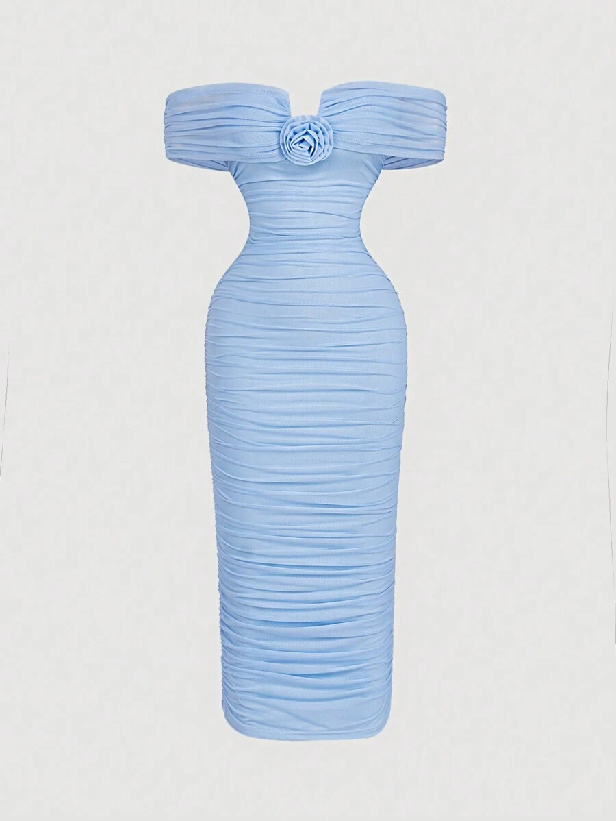 SHEIN MOD Vestido azul romántico de línea A con hombros descubiertos, volantes y floral - Celeste - Ver 1