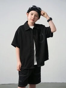 SHEIN Tween Boy Casual Korean Style Oversized Short Sleeve Shacket And Shorts 2pcs Set, Suitable For Commuting, School, Daily, Sports, Spring & Summer