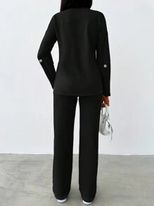 EURMUSE Solid Drop Shoulder Tee & Pants - Black - View 2