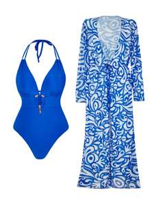 Swim Oasis Plus Size Women 2pcs Set: Navy Halter Strap Waist Metal Decor One-Piece Swimsuit & Chiffon Long Sleeve Maxi Cover Up Robe With Random Printed Wavy Geometric Patterns Summer