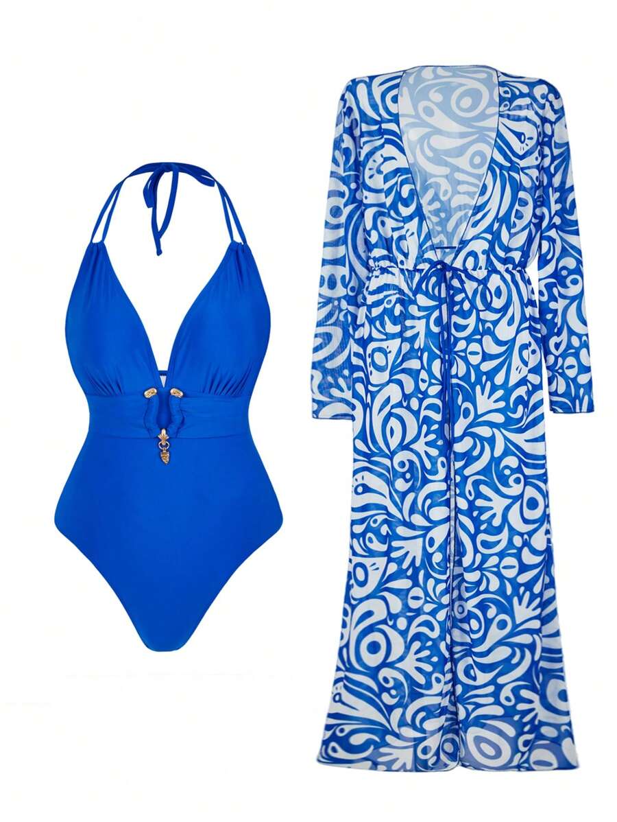 Swim Oasis Plus Size Women 2pcs Set: Navy Halter Strap Waist Metal Decor One-Piece Swimsuit & Chiffon Long Sleeve Maxi Cover Up Robe With Random Printed Wavy Geometric Patterns Summer