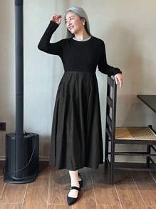 DAZY Vestido de punto de manga larga con patchwork, vestido ajustado de diseño para mujer, vestido de otoño