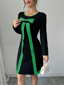 Elenzga Women's Crew Neck Long Sleeve Mini Dress With Bow Decor