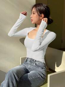 DAZY 1 件女式纯色长袖修身保暖羊毛领 T 恤