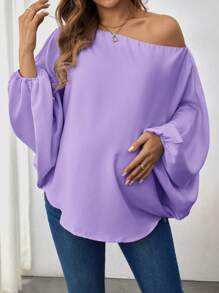 SHEIN Loose Casual Solid Color Asymmetric Collar Batwing Sleeve Loose Blouse - Mauve Purple - View 1