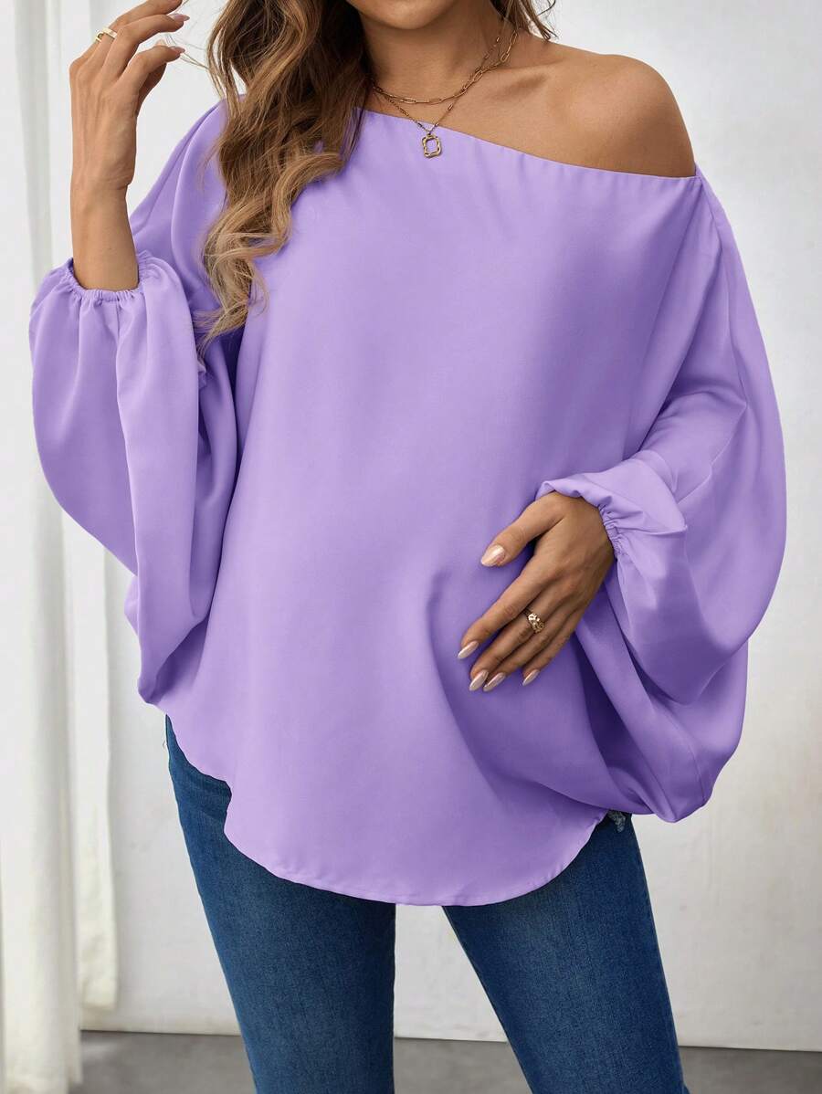 SHEIN Loose Casual Solid Color Asymmetric Collar Batwing Sleeve Loose Blouse - Mauve Purple - View 1