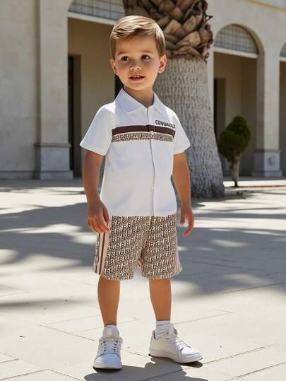 Souflis Souflis 2pcs Set Young Boy Casual Collegiate Letter & Digital Print Polo Shirt And Allover Print Shorts, Suitable For Boys Aged 4-7 To Wear In Spring And Summer. This Set Is Suitable For Both Outdoor And Indoor Wear.,Holiday,Summer,Travel