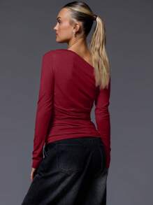 MUSERA Asymmetrical Neck Ruched Long Sleeve Top Casual - Burgundy - View 3