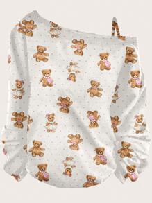 SHEIN Essnce 可爱休闲简约不对称心形圆点露肩图案 T 恤女款 - 白色 - 查看 1