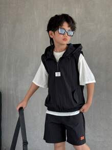 SHEIN 3 件套青少年男孩休闲背心、T 恤和短裤 - 黑色 - 查看 3