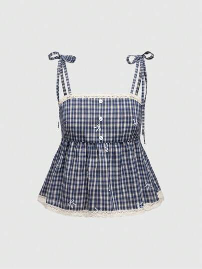 Academia Top casual stile vintage college, vintage, con bottoni frontali, motivo a quadri ricamato, fiocco e spalline a spaghetti con bordo in pizzo