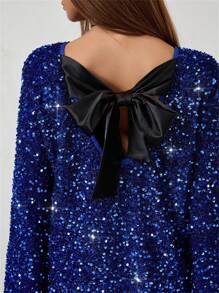 Roylia Elegancka damska sukienka świąteczna z cekinami i kokardą, swobodna krótka luźna sukienka imprezowa