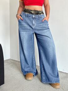 SHEIN EZwear 大码女式拼布迷彩腰袋宽松阔腿休闲牛仔裤