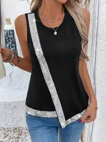 EMERY ROSE Women's Fashion Casual Sleeveless Top, Contrast Fabric Straps With Sequins Detail, Asymmetric Hemline, Spring/Summer