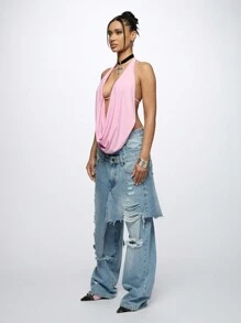 SUMWON WOMEN Wide Leg Distressed Jeans Y2K Fashion Double Waistband Ripped Boyfriend Style Raw Hem Street Wear Grunge Aesthetic Spring Summer Denim Pants - Baby Blue - View 4