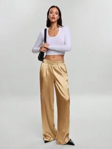 SHEIN Cottnline سروال حريري بخصر عالٍ وساق واسعة، بسيطة وأنيقة للاستخدام اليومي - بيج - مشاهدة 5