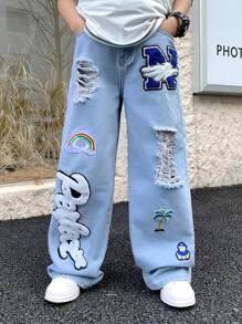 SHEIN Blugi largi și confortabili pentru băieți, la modă, pentru adolescenți, casual, decupați, rupți, design zdrențuit și cu ursuleț de cocos, capitolul ursuleț de cocos, albastru, din denim, pentru băieți, îmbrăcăminte zilnică moale și haine pentru copii Four Seasonsr - Albastru - Vizualizare 3
