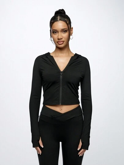 SUMWON WOMEN 高性能运动半拉链短款连帽健身夹克，吸湿排汗健身房训练跑步瑜伽运动服，拇指孔，四向拉伸