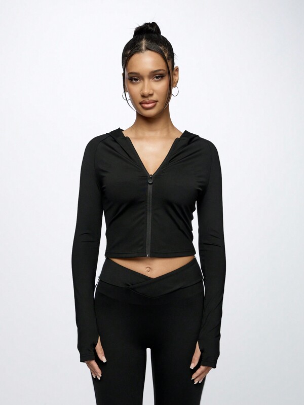 SUMWON WOMEN Jaqueta de treino cropped de alto desempenho com zíper e capuz, para academia, corrida, ioga, treino, roupa esportiva, com furos para os polegares, elasticidade em quatro direções