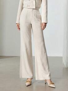 EastFlair Women's Striped Pocket Flare Leg Casual Commuter Suit Pants In Fall/Winter - White - View 5