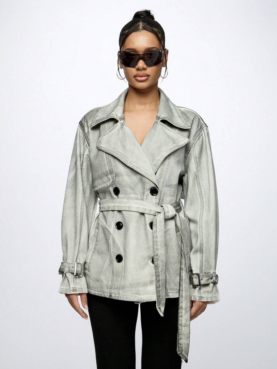 SUMWON WOMEN Foiled Denim Oversized Trench Coat Designer Double-Breasted Belted Outerwear Metallic Finish Street Style Fashion Statement Piece Fall Winter - Black - View 1