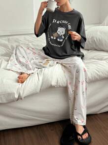 DAZY Set de 2 piezas de pijama de mujer con estampado de dibujos animados de manga corta y holgado, ropa de vuelta al colegio