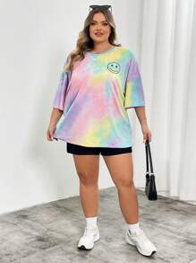 SHEIN CURVE+ Women's Tie Dye Printed Round Neck Short Sleeved T-Shirt In Plus Size For Summer - Multicolor - View 7