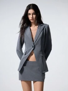 LYSMO Women Casual Commuter Solid Color Waisted Blazer - Grey - View 3