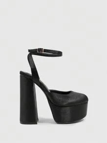 CUCCOO SZL 时尚黑色厚底踝带粗高跟鞋，适合通勤、约会、派对、节日活动情人节春假复活节舞会高跟鞋 - 黑色 - 查看 4