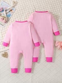 Conjunto de pijama de una pieza de manga larga con estampado de elefante lindo para niñas bebés, color rosa - Rosa - Ver 2
