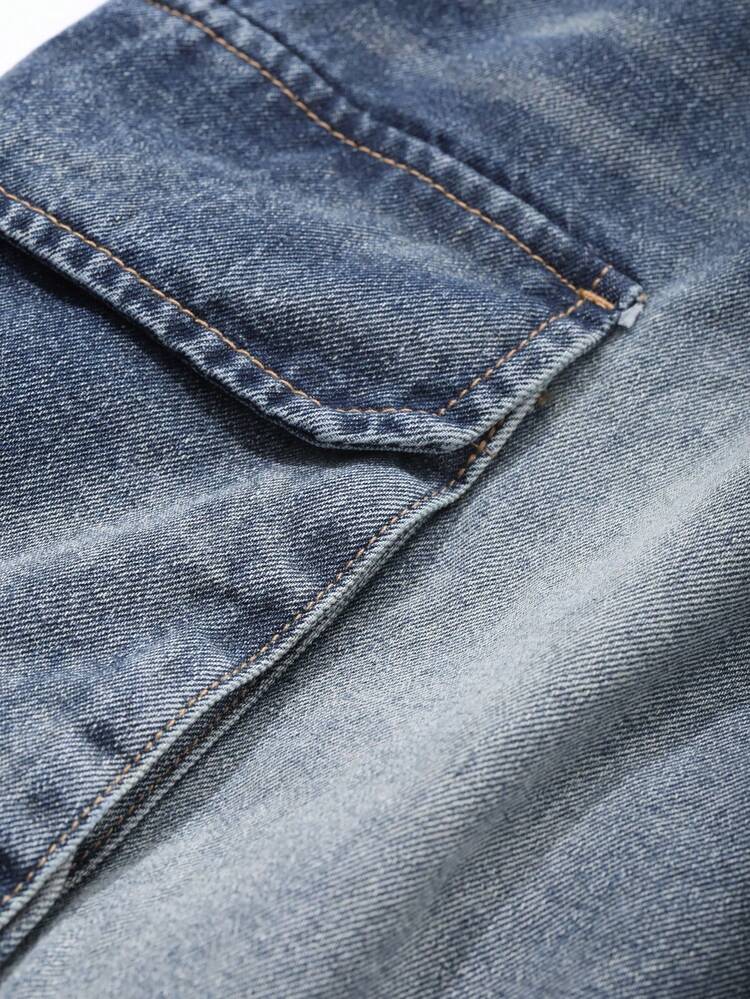 Men's Casual Simple Solid Blue Jeans, Fashionable For Daily Wear In Autumn