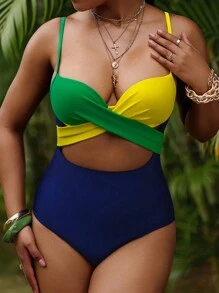 SHEIN Swim 1 pieza Traje de baño de una sola pieza de unicolor con tiras cruzadas, casual y para deportes de playa, para verano