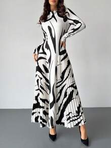 Firerie Women Elegant Autumn/Spring New Pleated Geometric Pattern A-Line Long Sleeve Bodycon Long Dress For Going Out,Teacher,Valentine's Day